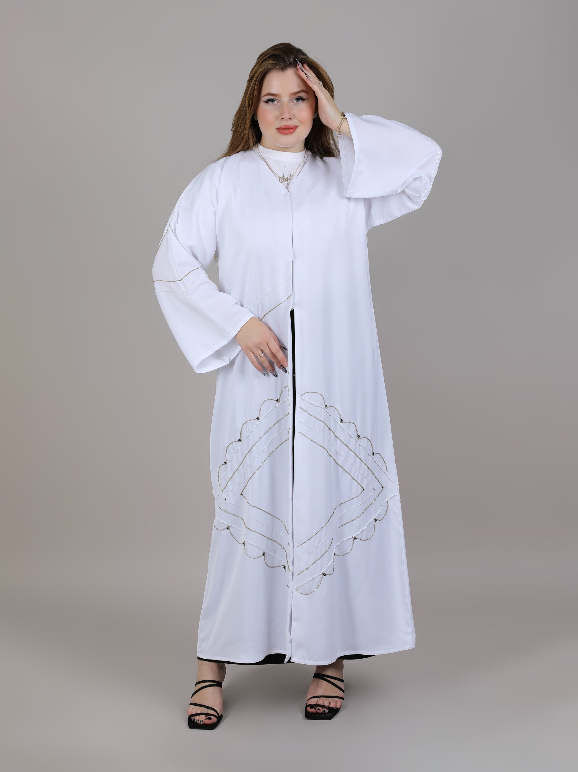 MSquare Fashion V-Neck White Nida Embroidered Open Casual Abaya