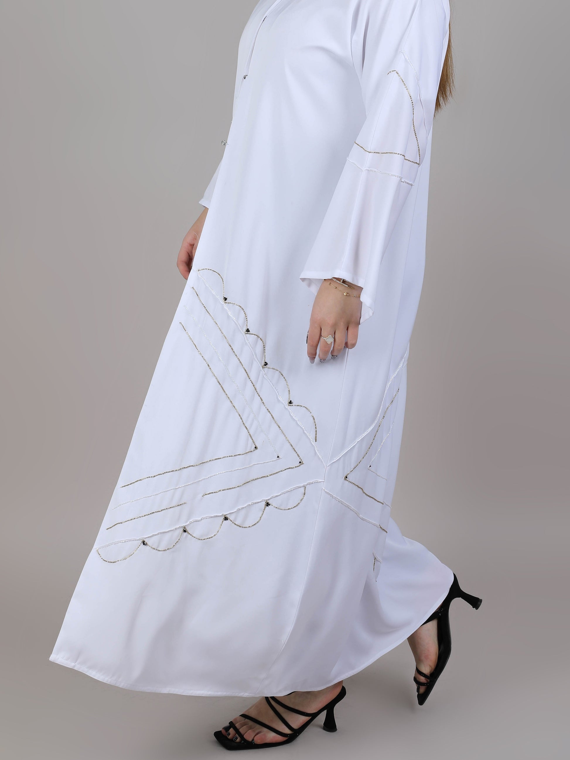 MSquare Fashion V-Neck White Nida Embroidered Open Casual Abaya