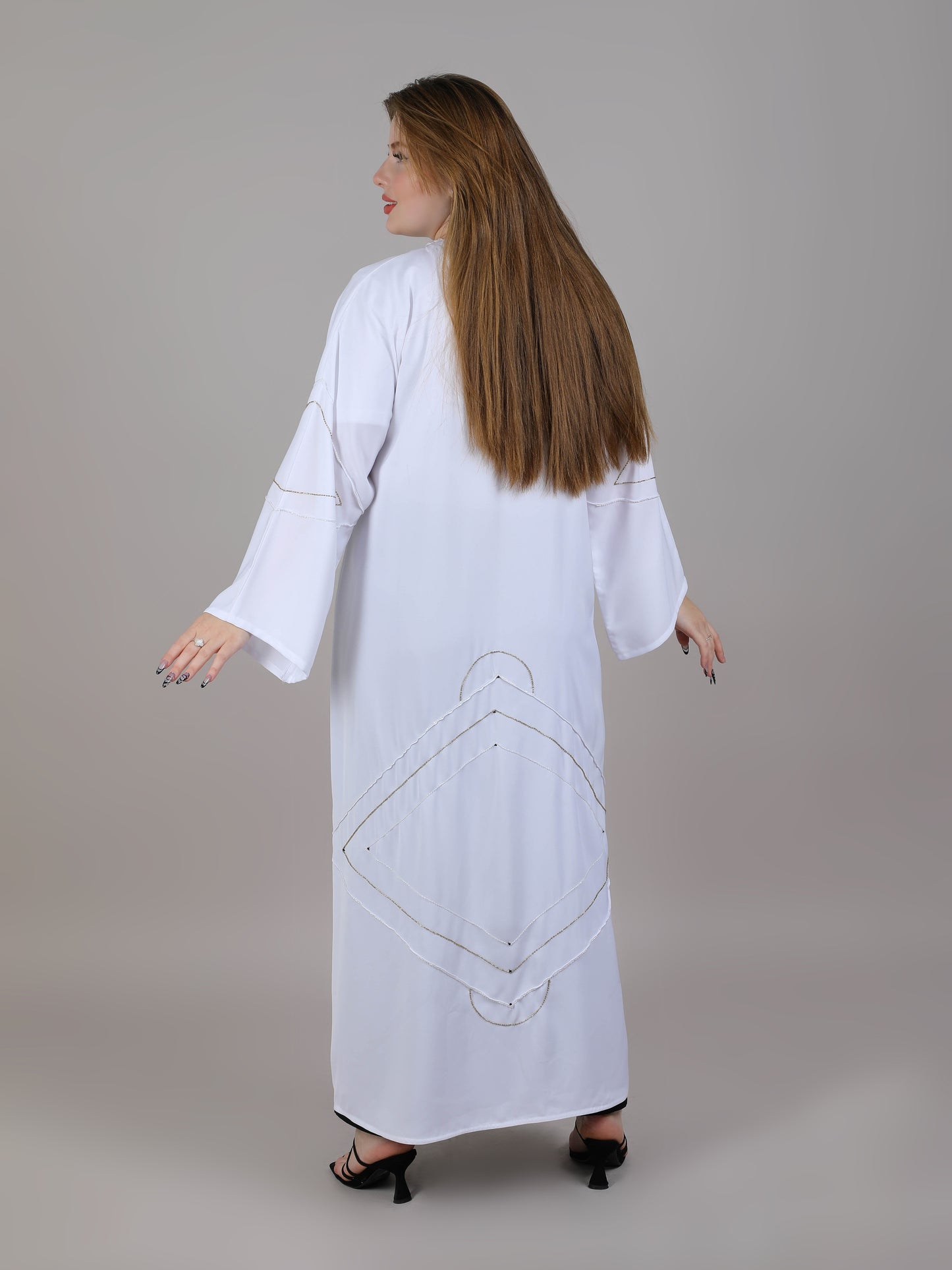 MSquare Fashion V-Neck White Nida Embroidered Open Casual Abaya