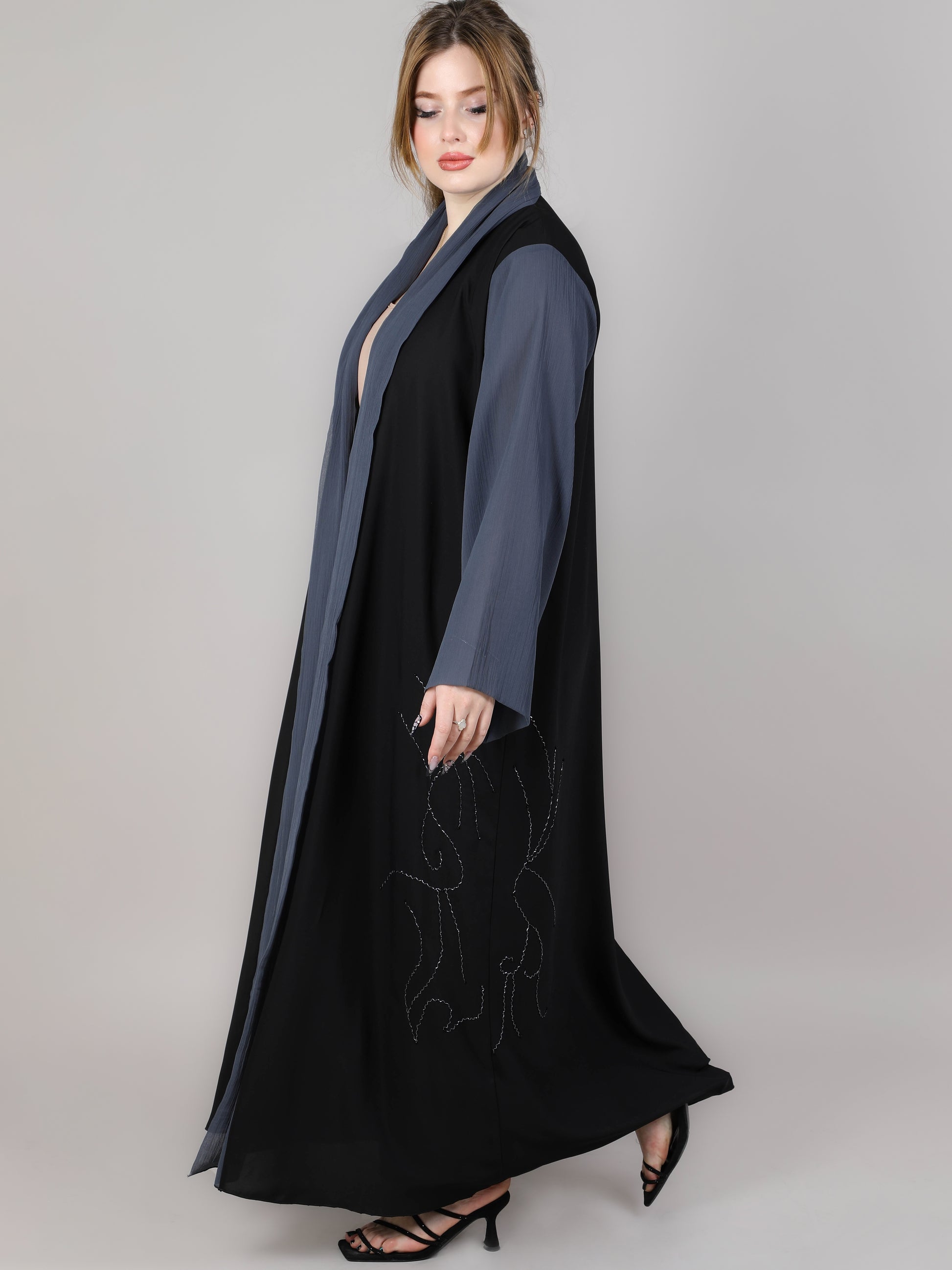 MSquare Fashion Black And Grey Open Abaya