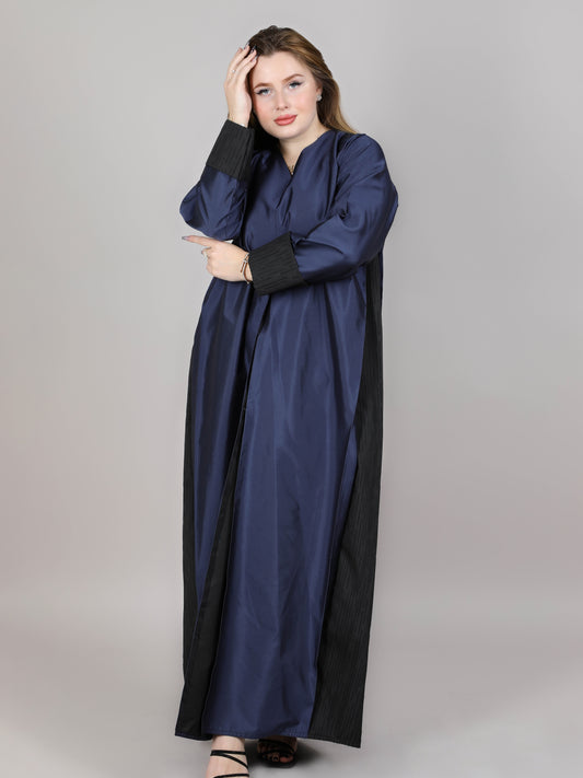 MSquare Fashion V-Neck Navy and Black Taffeta Plain Open Abaya