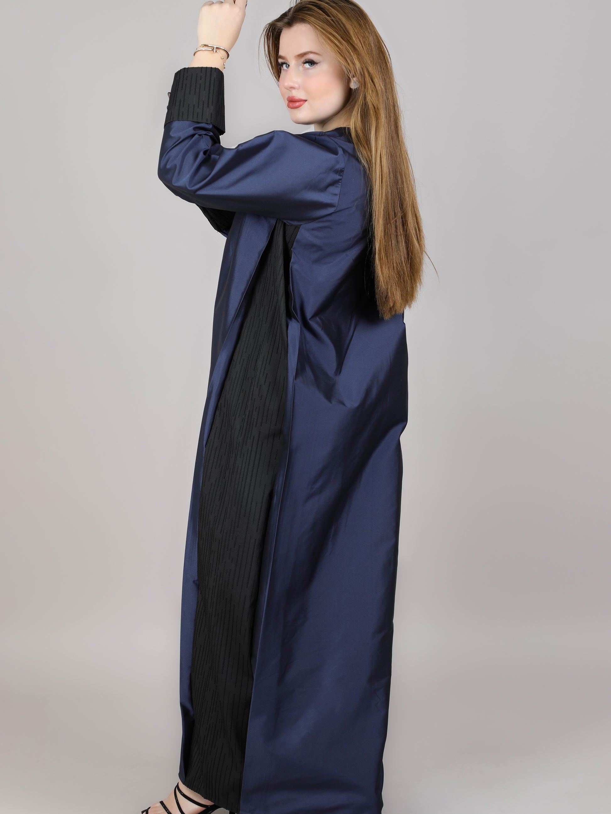 MSquare Fashion V-Neck Navy and Black Taffeta Plain Open Abaya