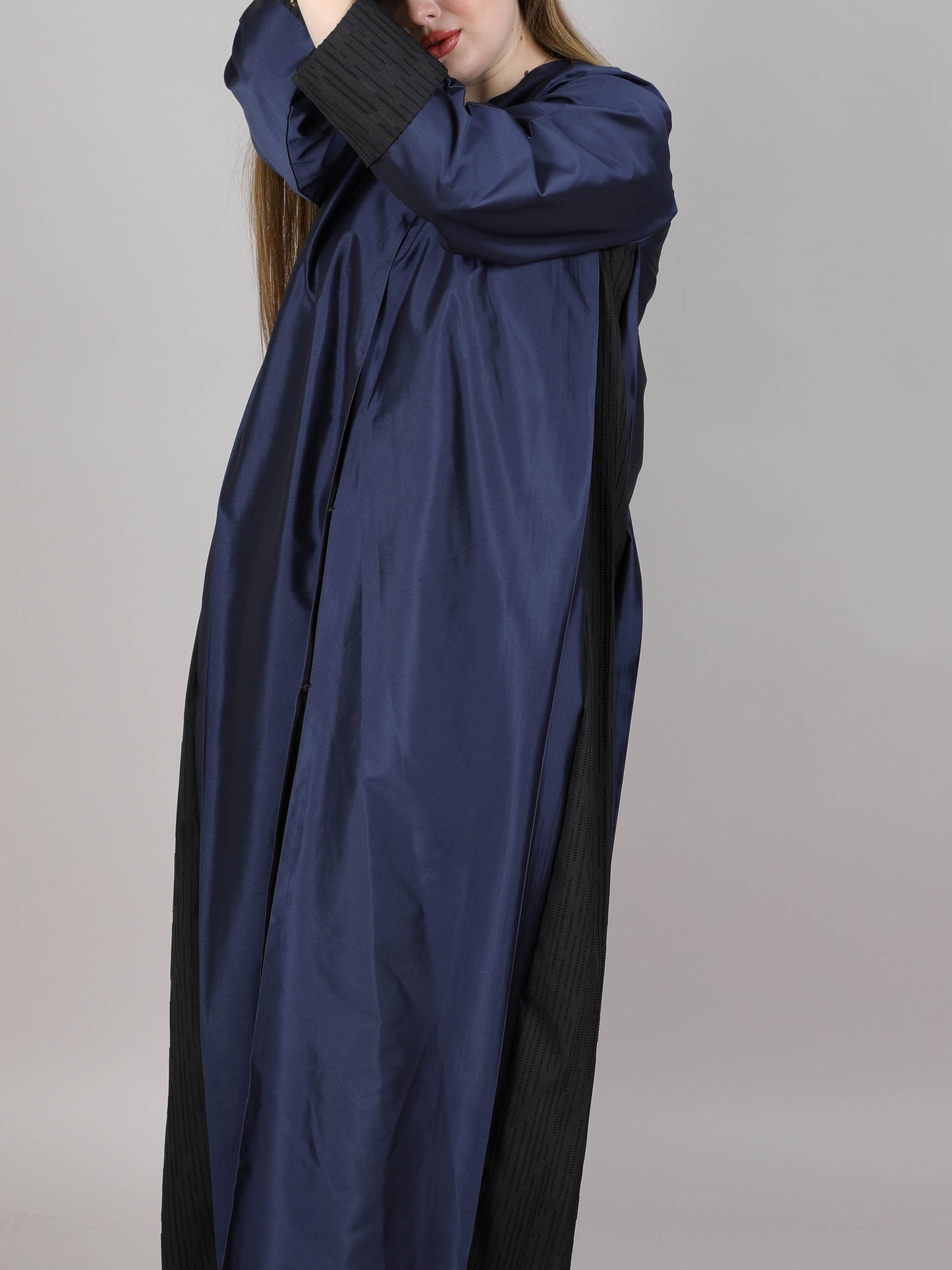 MSquare Fashion V-Neck Navy and Black Taffeta Plain Open Abaya