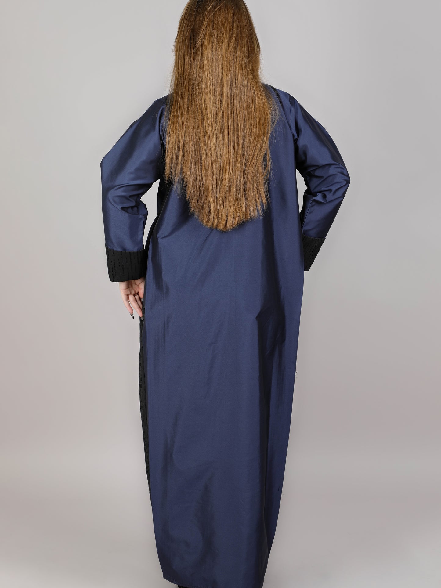 MSquare Fashion V-Neck Navy and Black Taffeta Plain Open Abaya