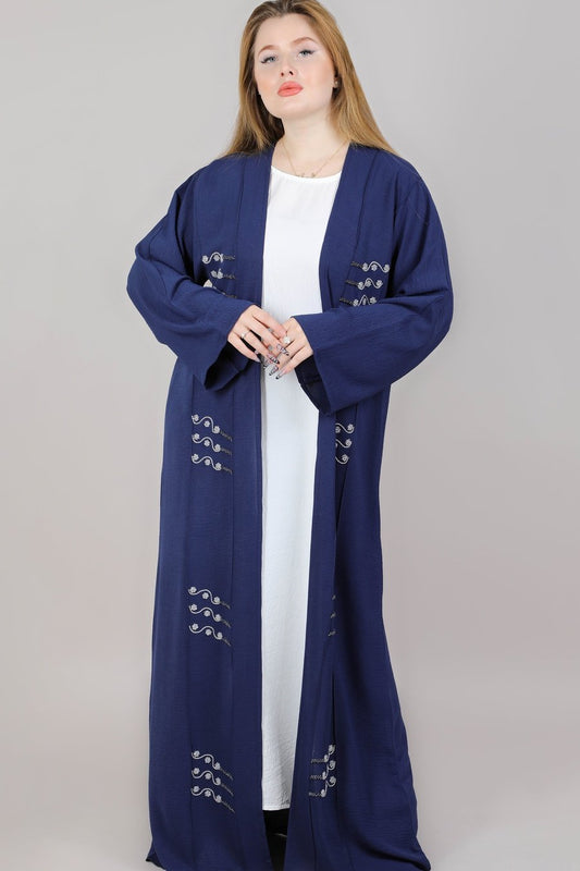 MSquare Fashion Navy Cey Fabric Embroidered Open Abaya