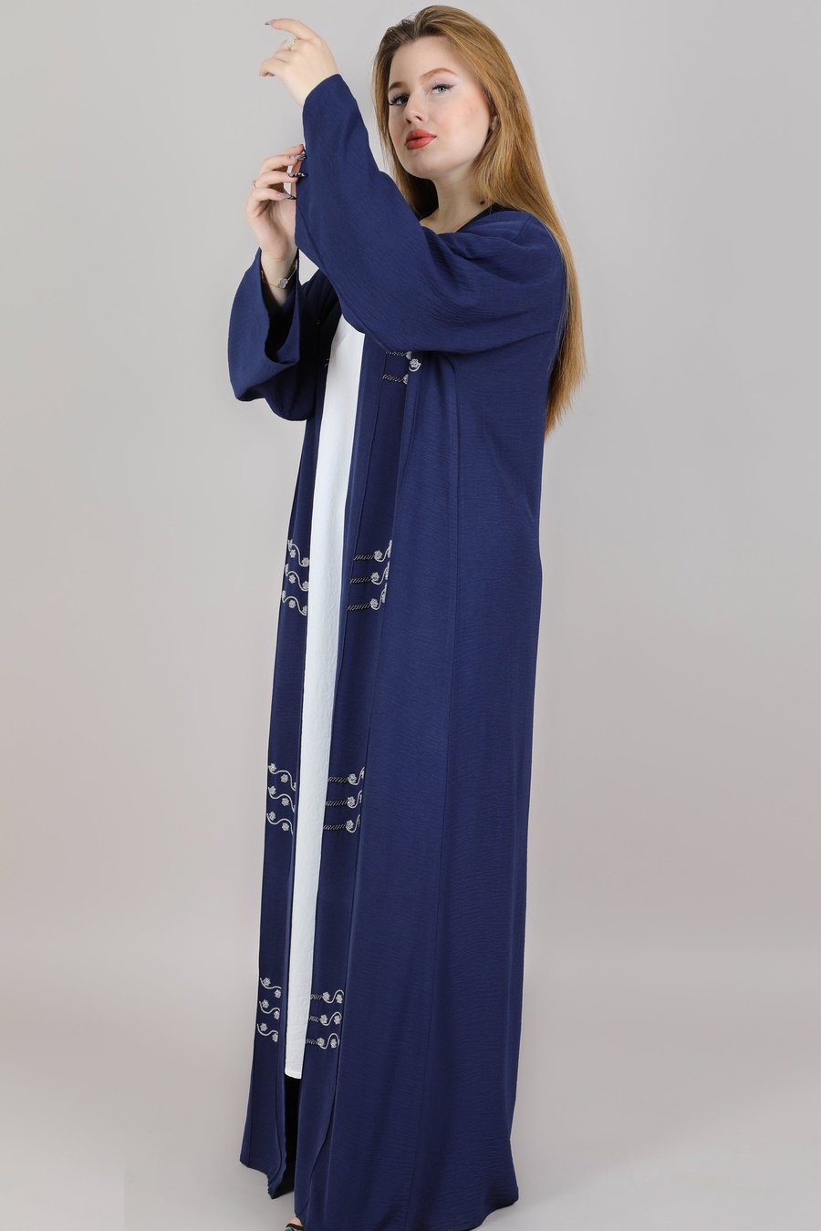 MSquare Fashion Navy Cey Fabric Embroidered Open Abaya