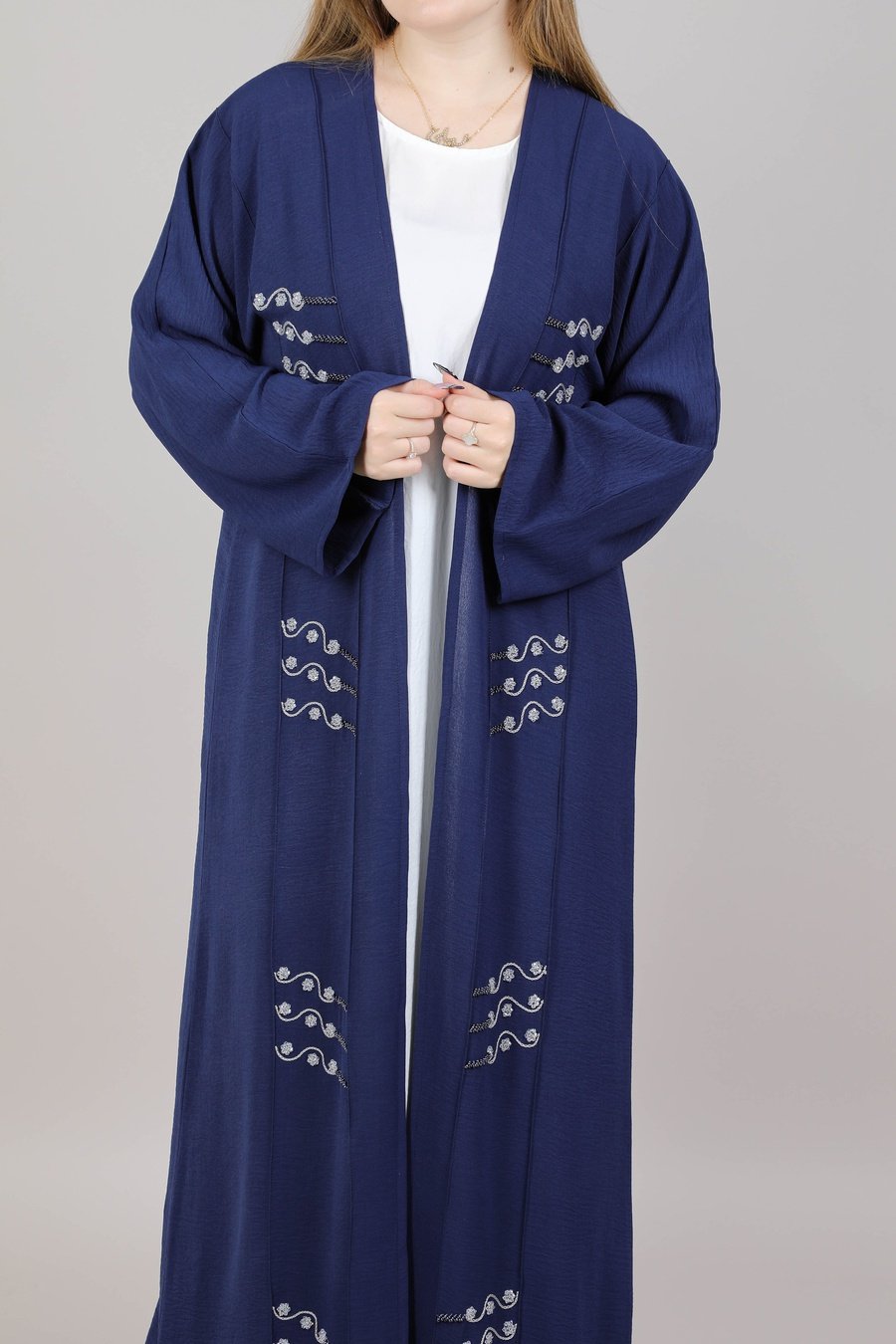 MSquare Fashion Navy Cey Fabric Embroidered Open Abaya