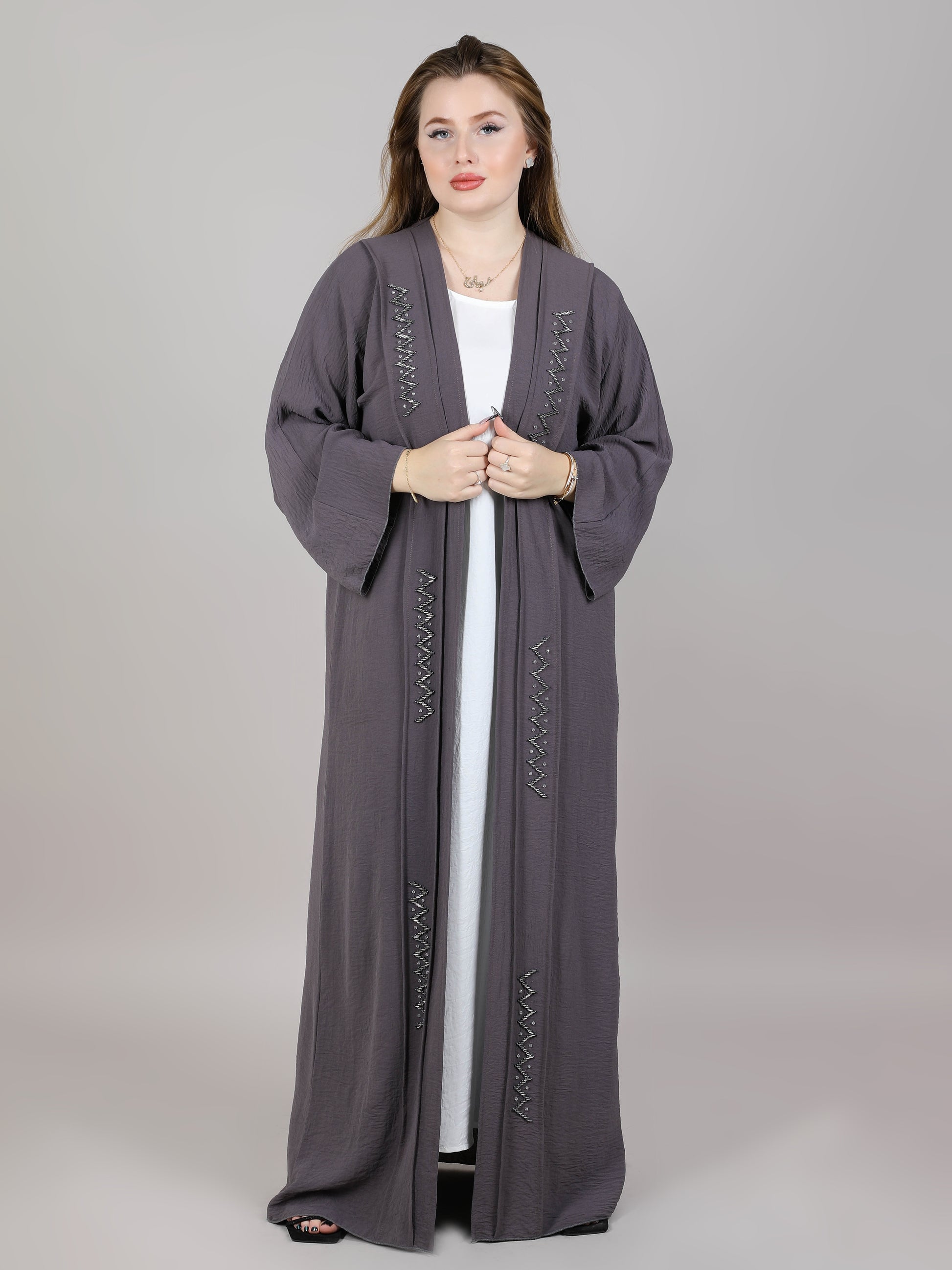 MSquare Fashion Grey Harir Maqsood Embroidered Open Casual Abaya