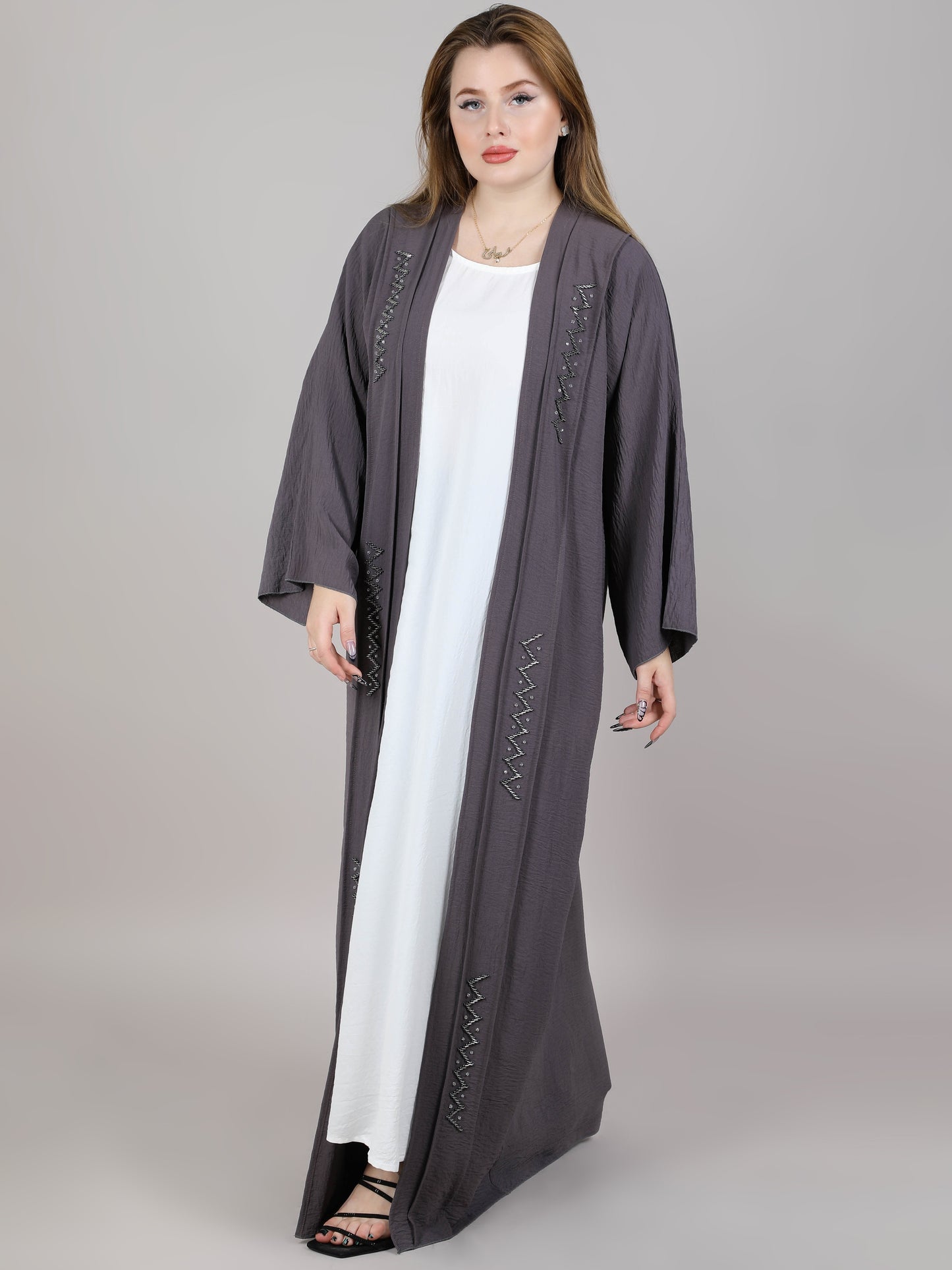 MSquare Fashion Grey Harir Maqsood Embroidered Open Casual Abaya