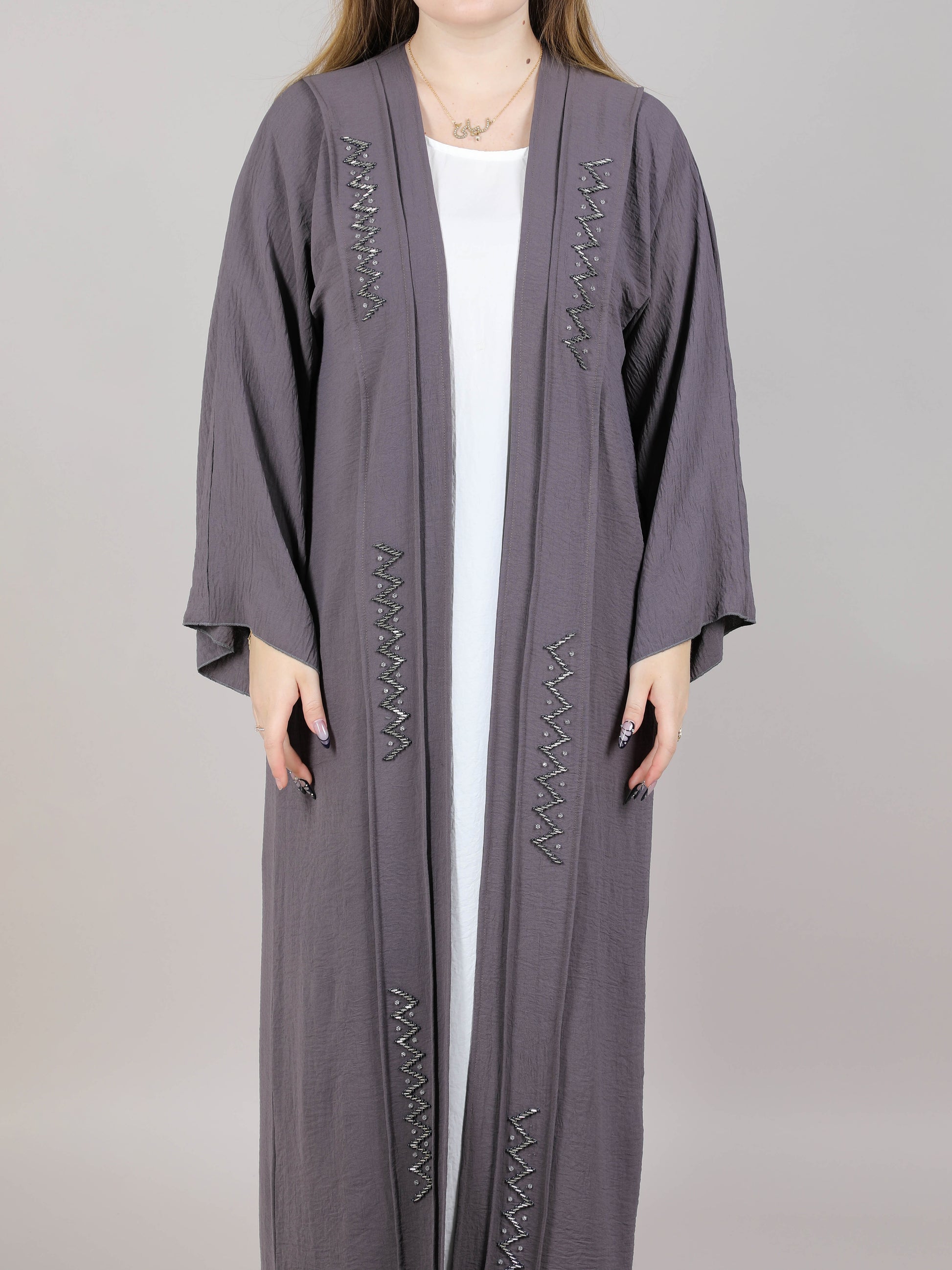 MSquare Fashion Grey Harir Maqsood Embroidered Open Casual Abaya