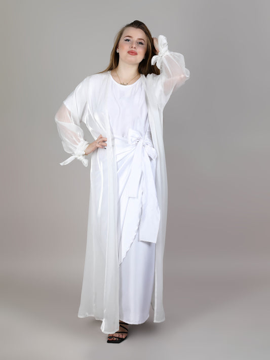 MSquare Fashion White Organza Abaya Set With Belt And Under Dress