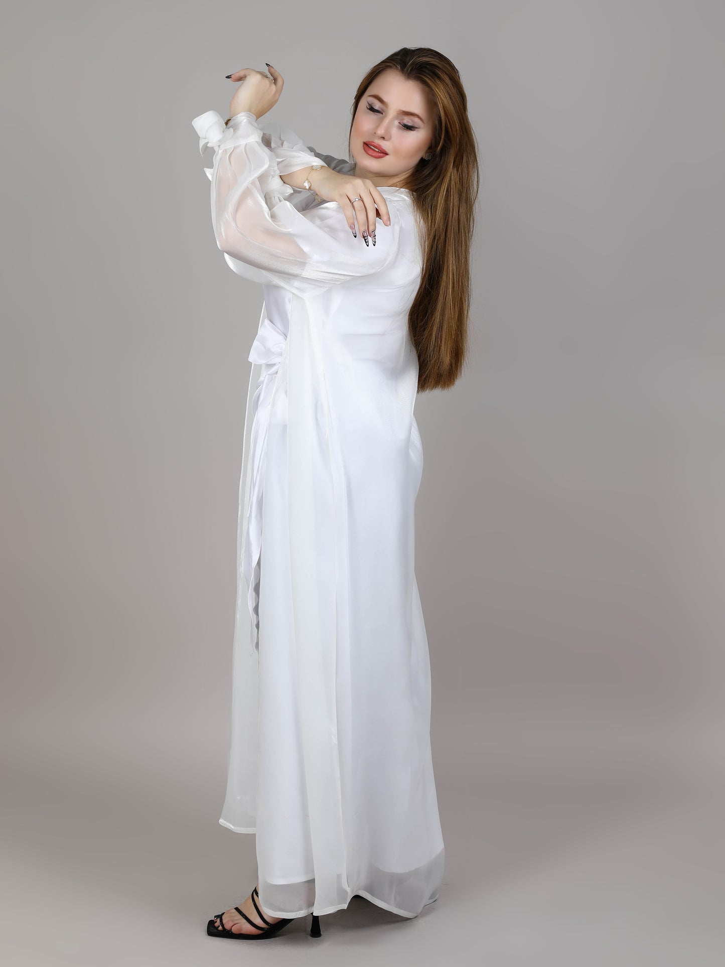 MSquare Fashion White Organza Abaya Set With Belt And Under Dress