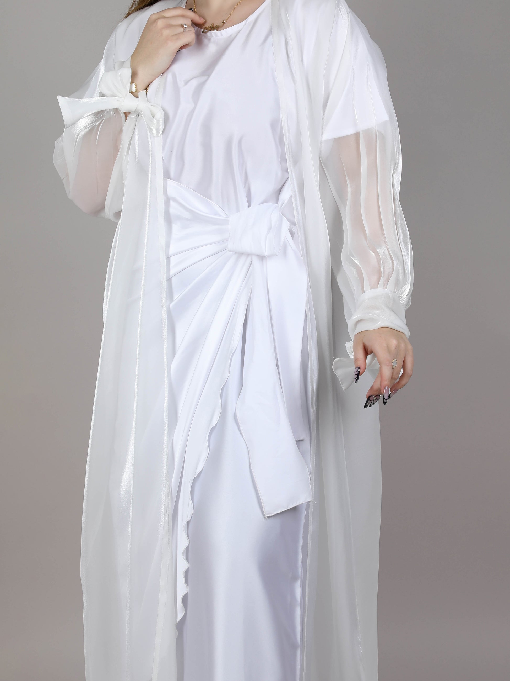 MSquare Fashion White Organza Abaya Set With Belt And Under Dress