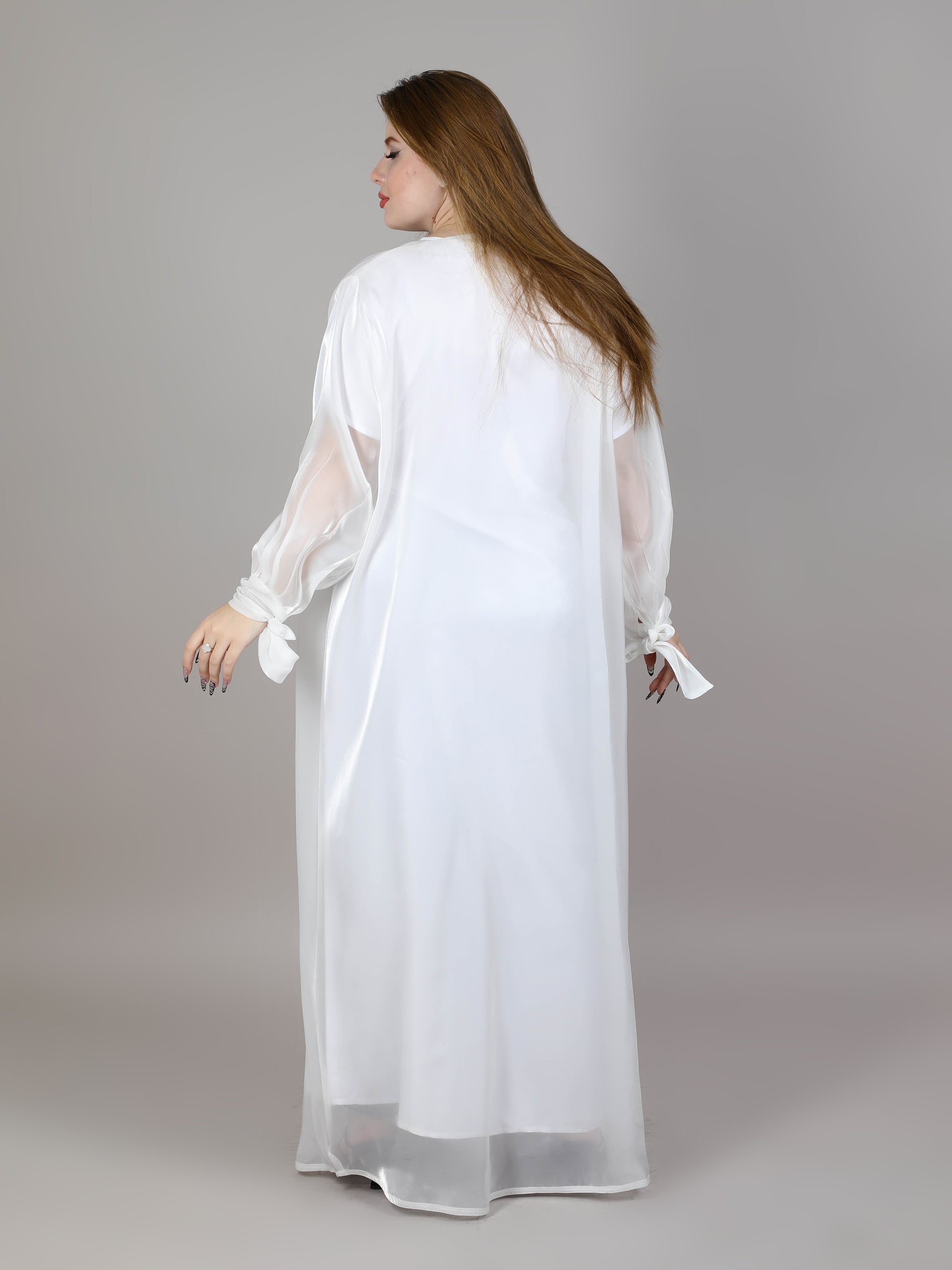 MSquare Fashion White Organza Abaya Set With Belt And Under Dress