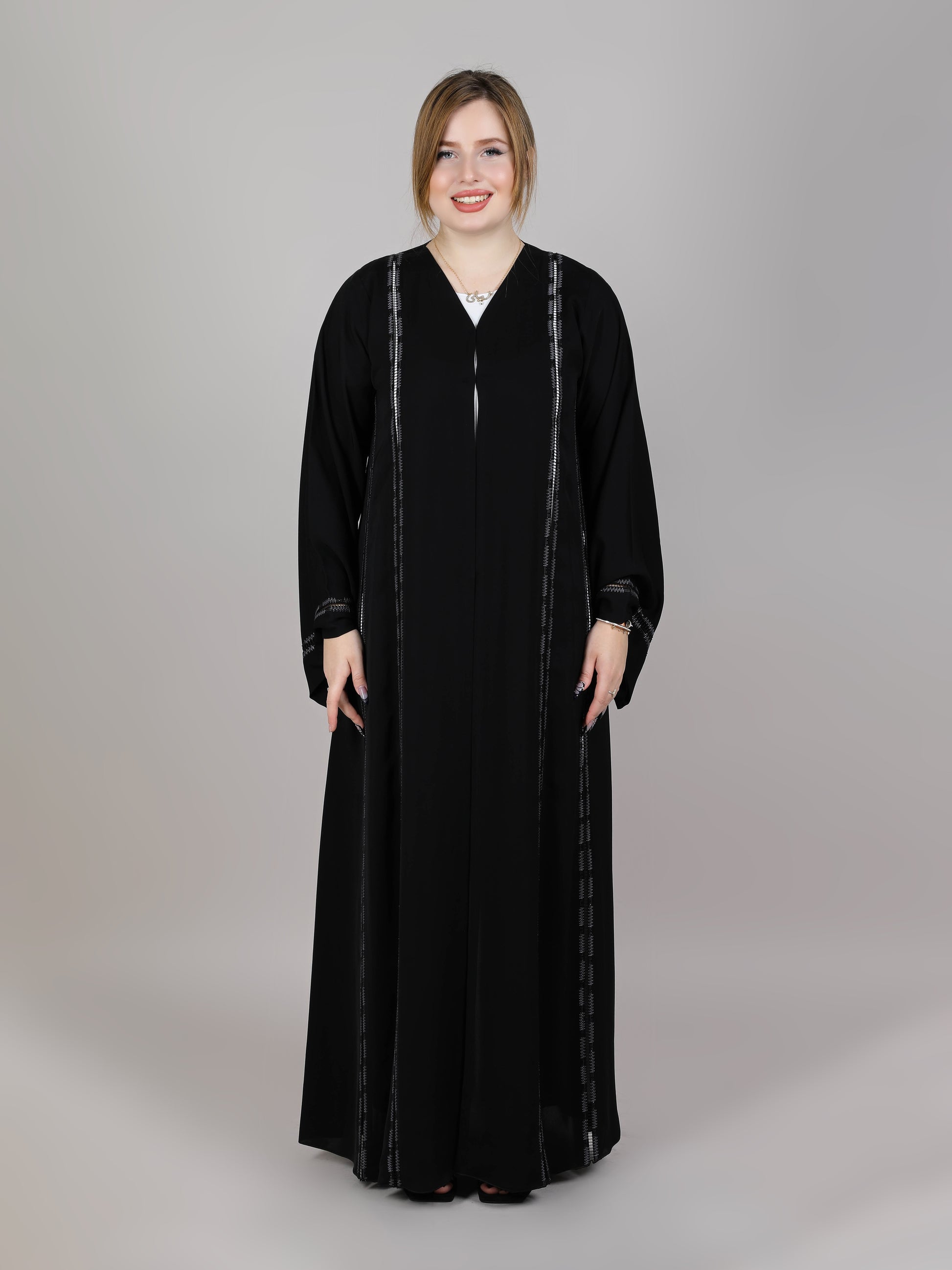 MSquare Fashion Black Nida Zig Zag Embroidery lines Abaya