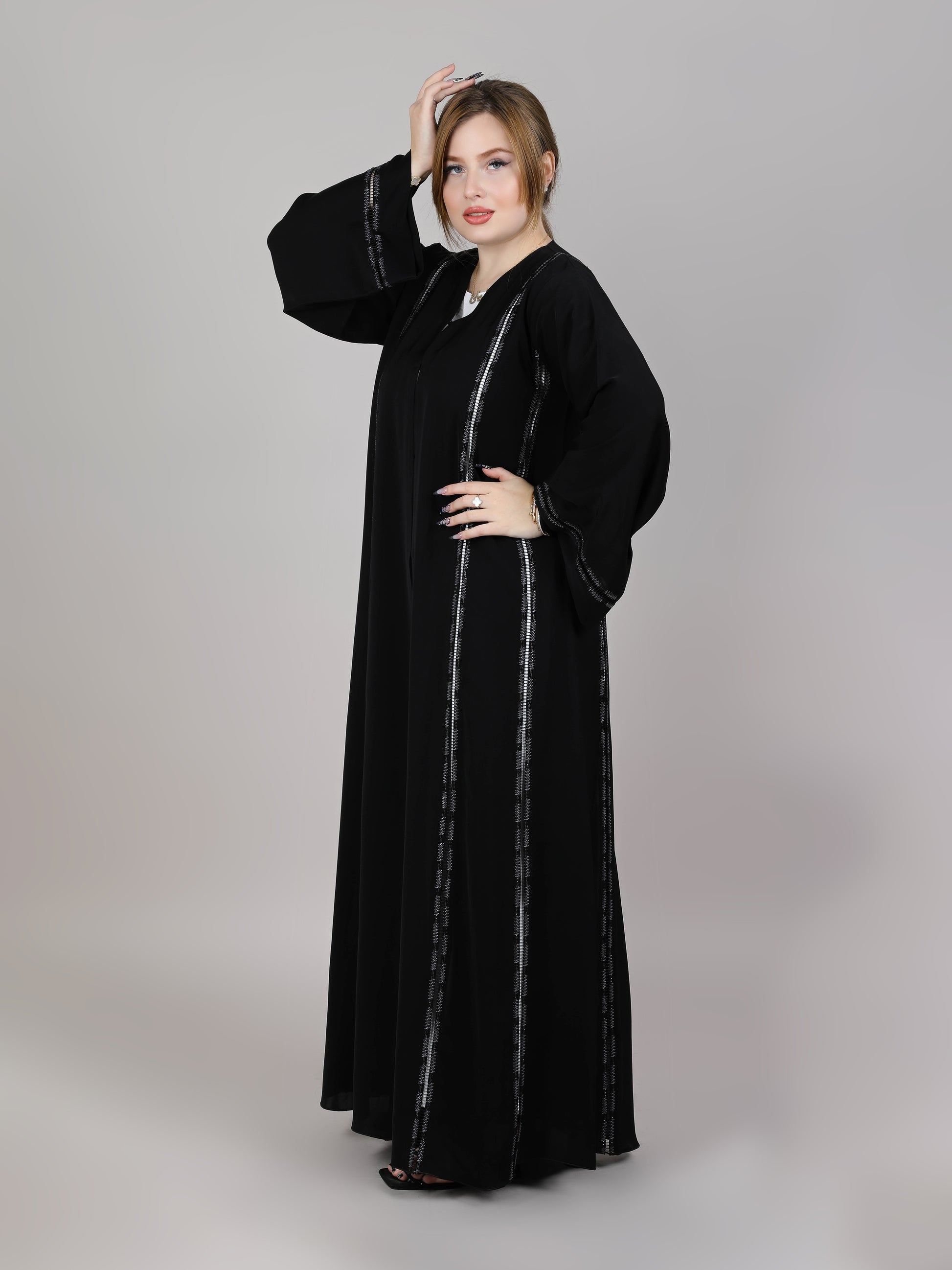 MSquare Fashion Black Nida Zig Zag Embroidery lines Abaya