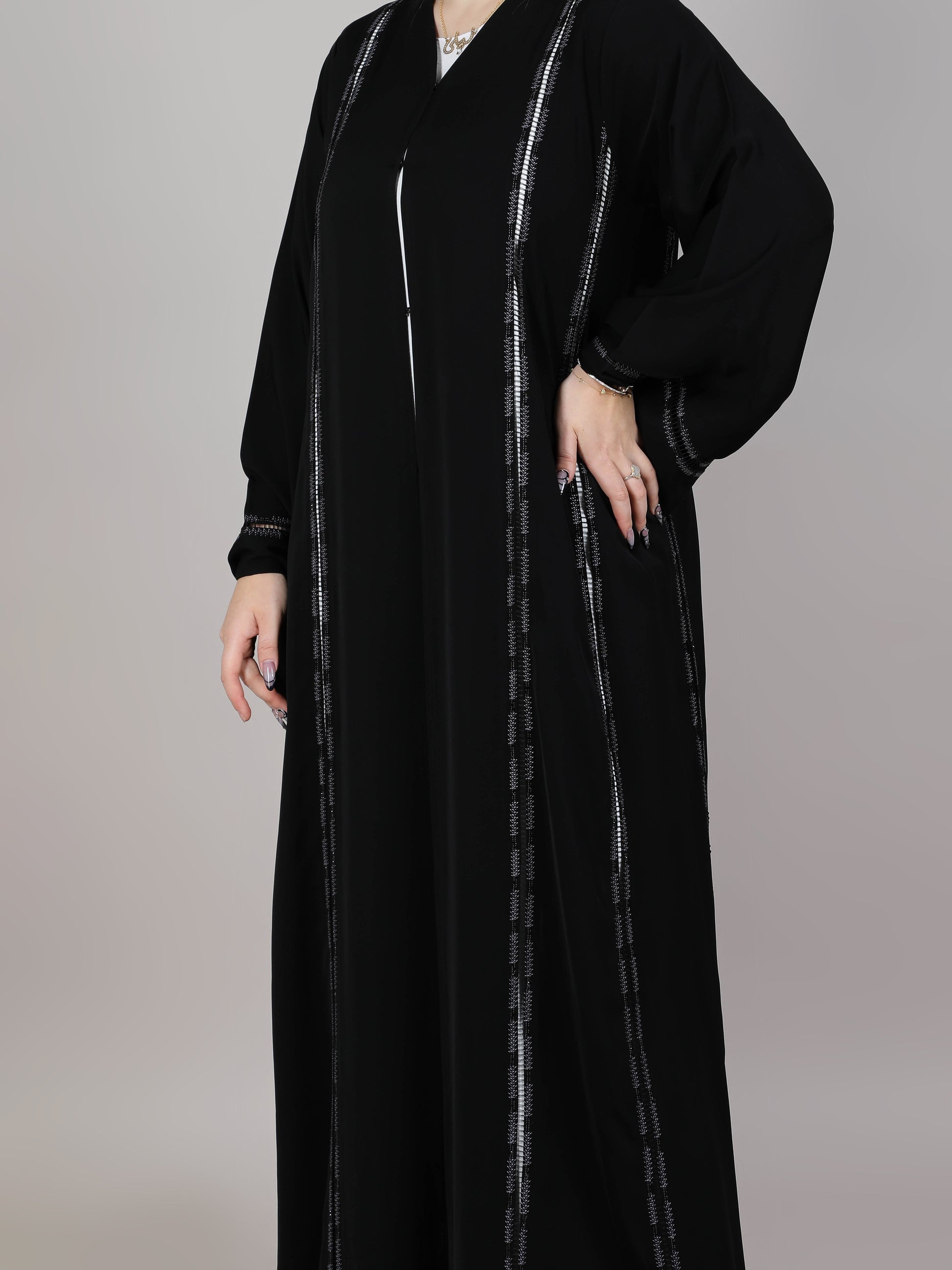 MSquare Fashion Black Nida Zig Zag Embroidery lines Abaya