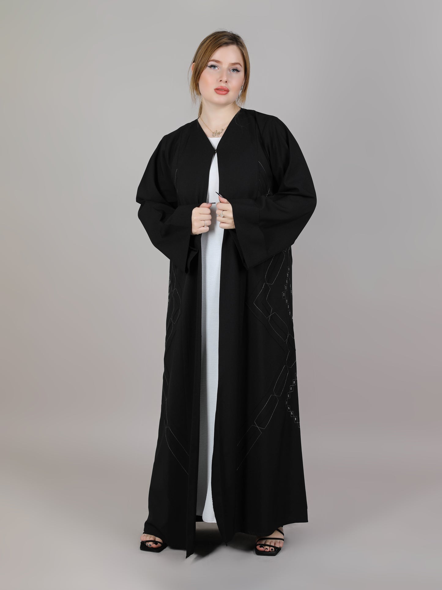 MSquare Fashion Black Open Abaya With Thread Work