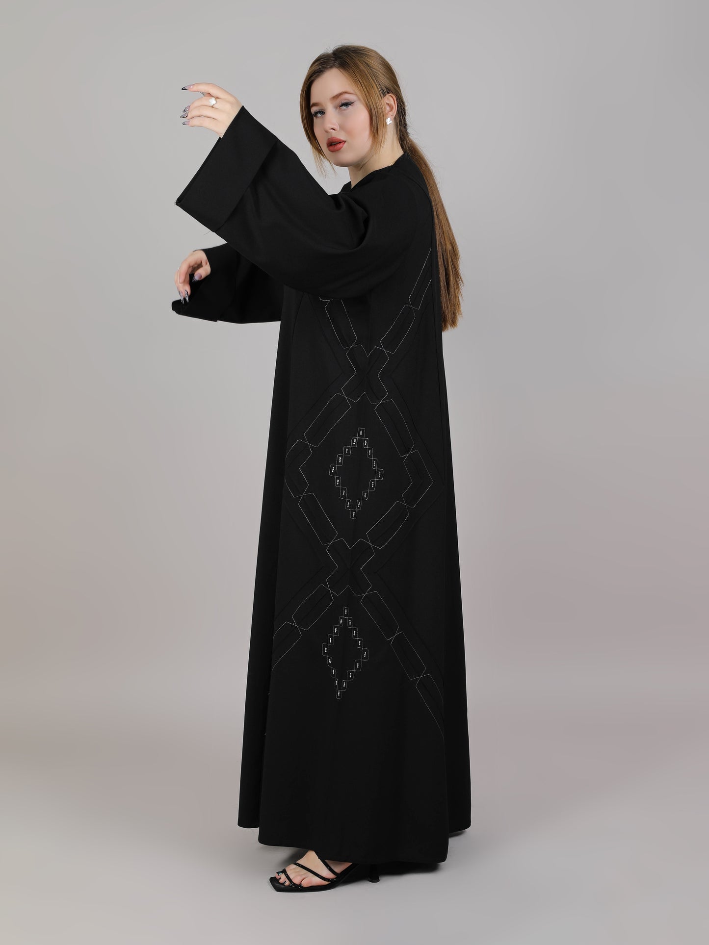 MSquare Fashion Black Open Abaya With Thread Work