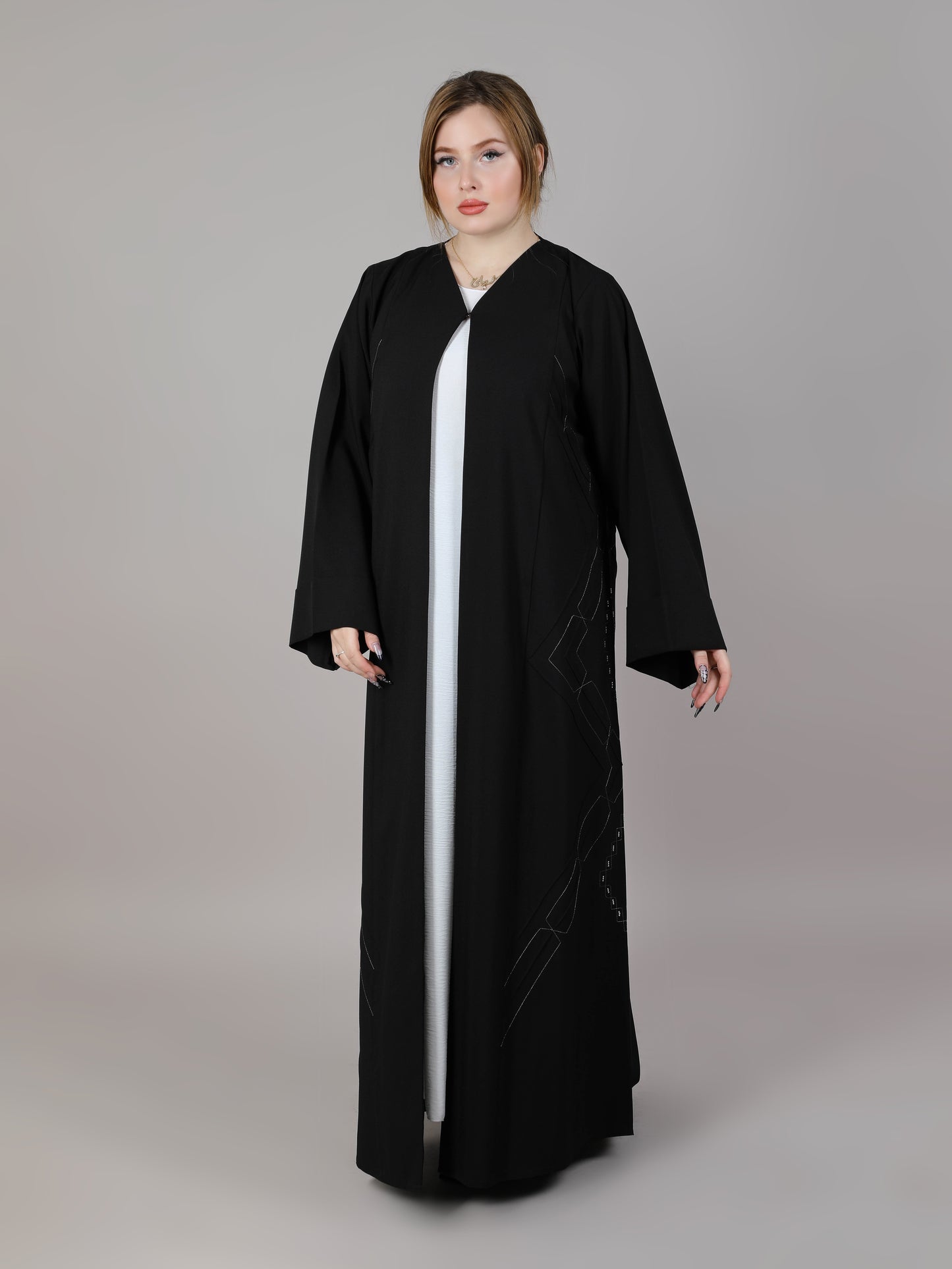 MSquare Fashion Black Open Abaya With Thread Work