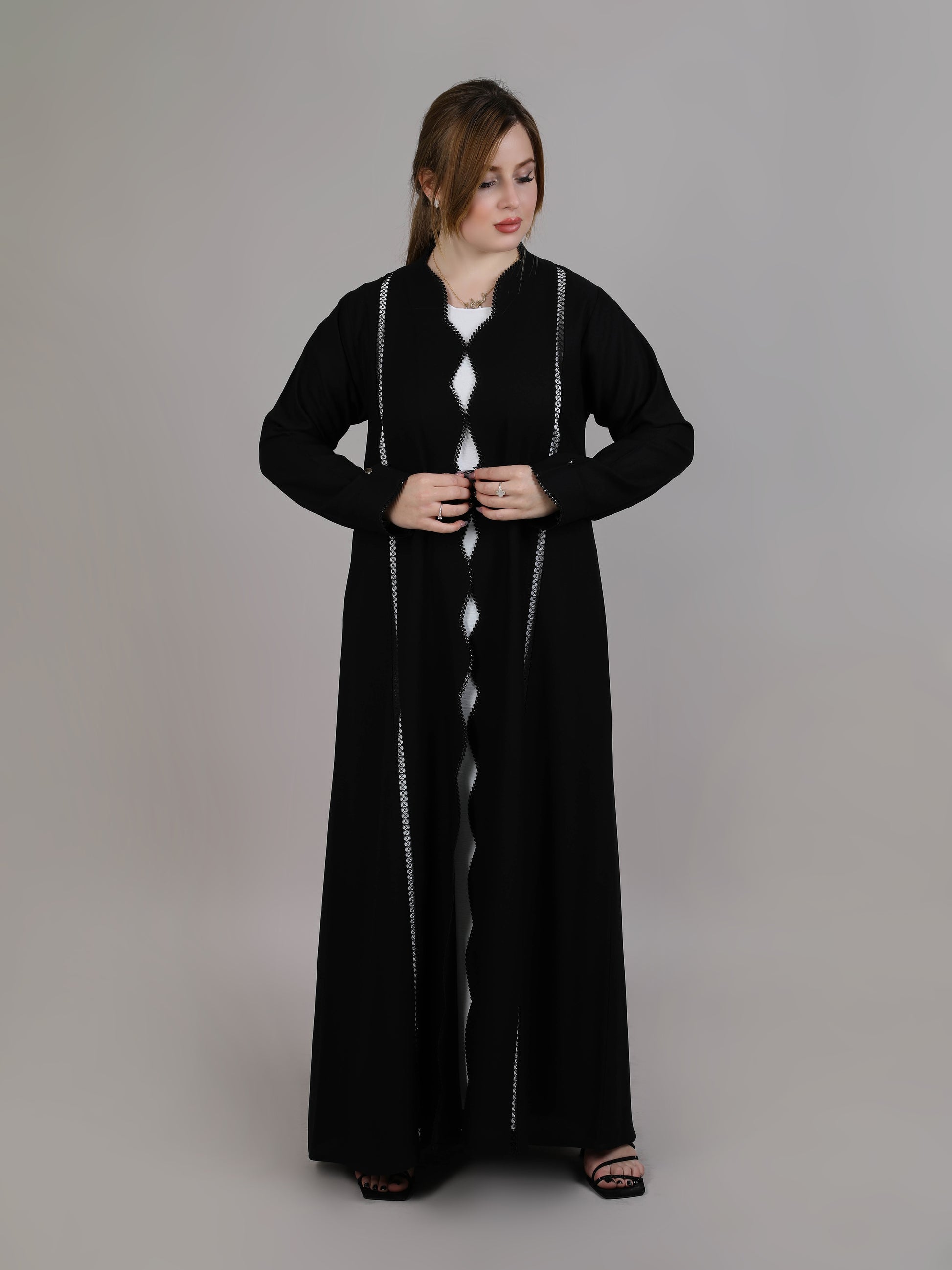 MSquare Fashion Black Nida Open Abaya with Lace