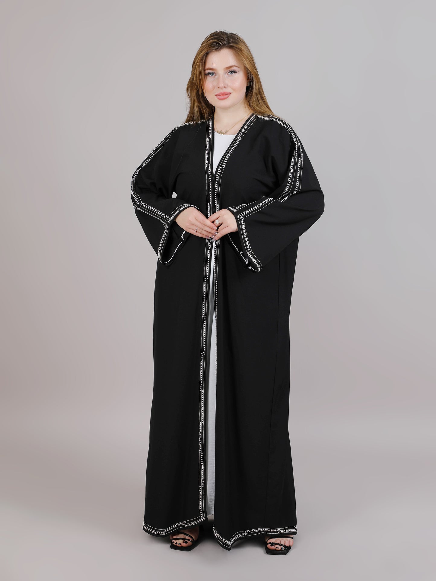 MSquare Fashion Black Crepe With White Thread Work Abaya