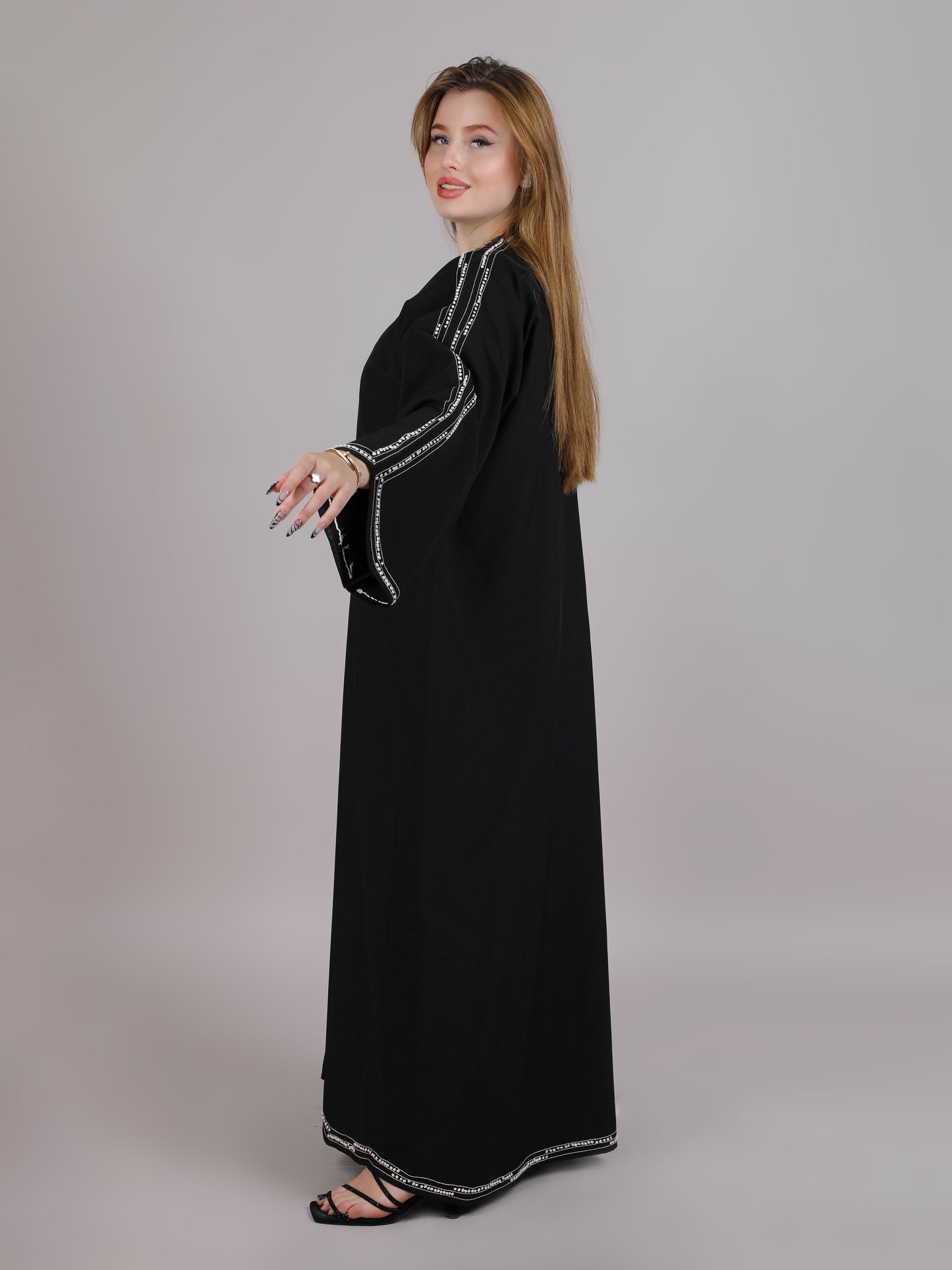 MSquare Fashion Black Crepe With White Thread Work Abaya