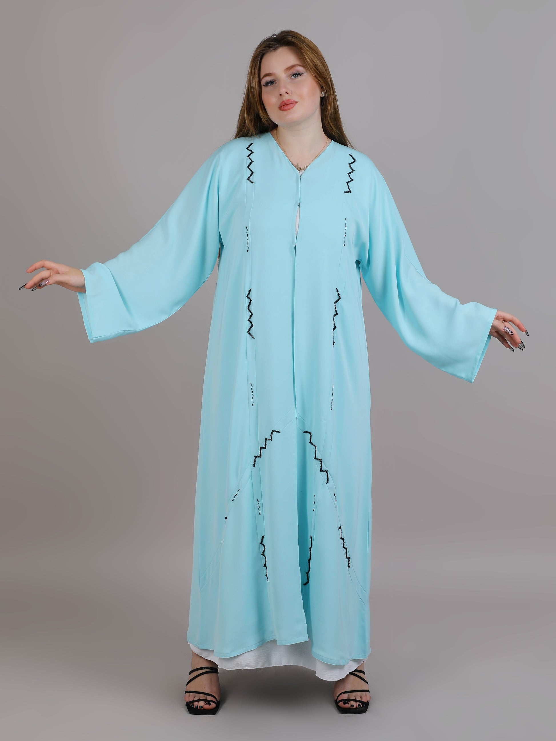 MSquare Fashion Turquoise V-Neck Open Abaya With Black Embroidery