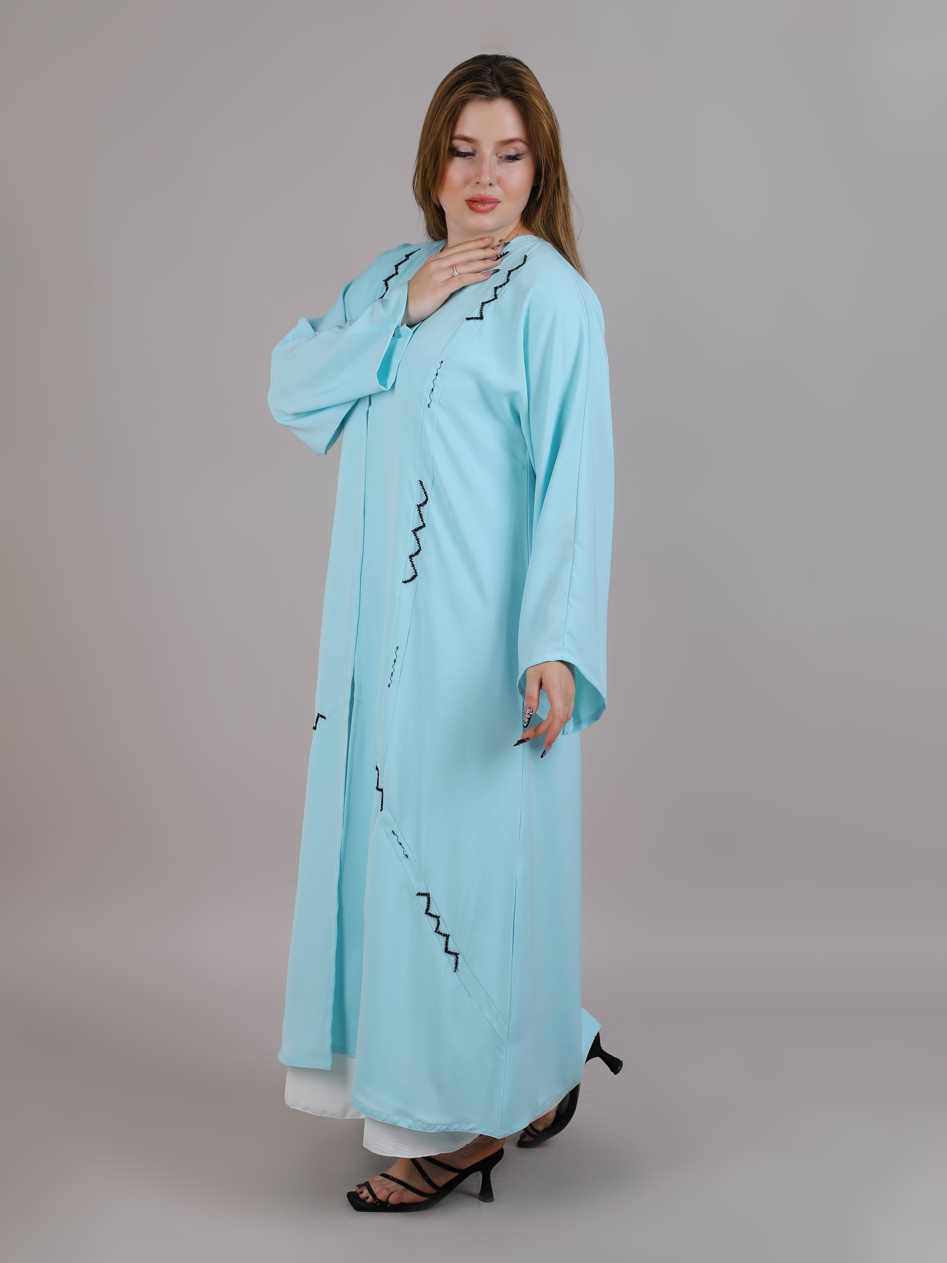 MSquare Fashion Turquoise V-Neck Open Abaya With Black Embroidery