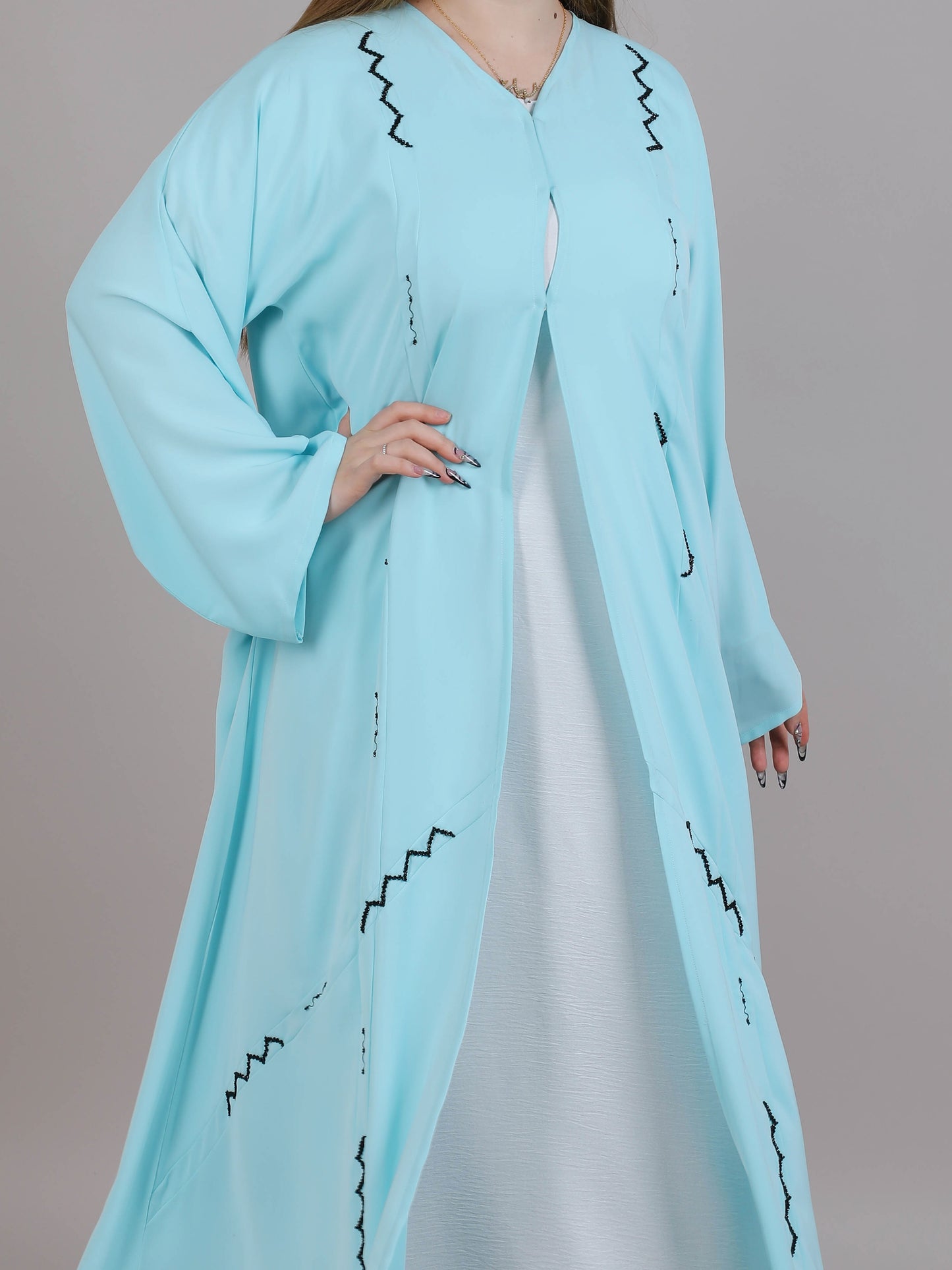 MSquare Fashion Turquoise V-Neck Open Abaya With Black Embroidery