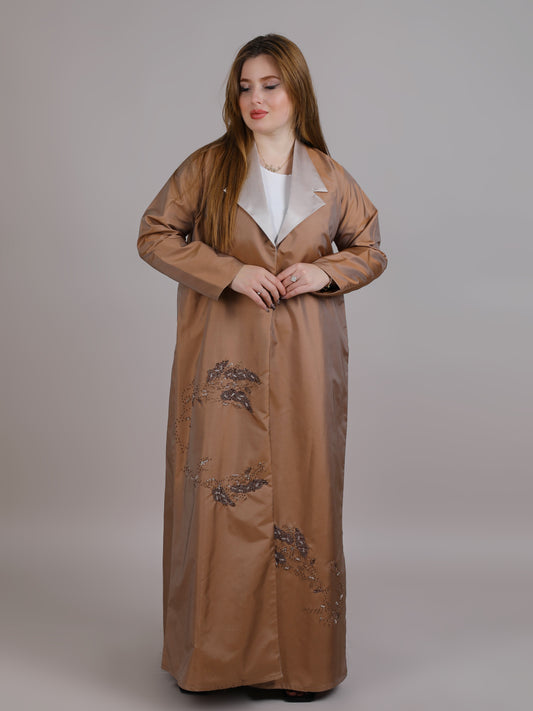 MSquare Fashion Brown Taffeta Embroidered Abaya With lapel Collar