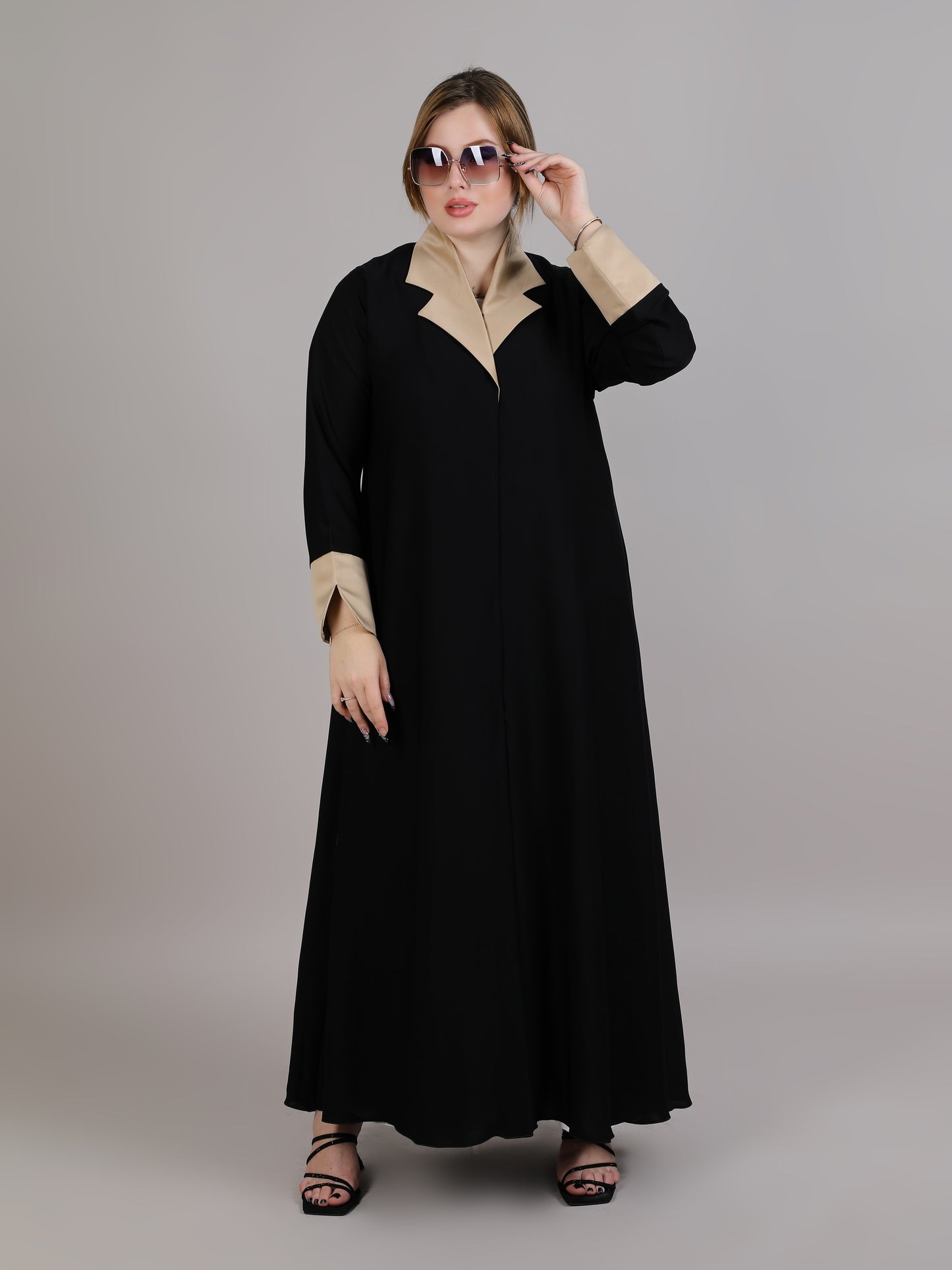 MSquare Fashion Black with Biege lapel Collar Abaya