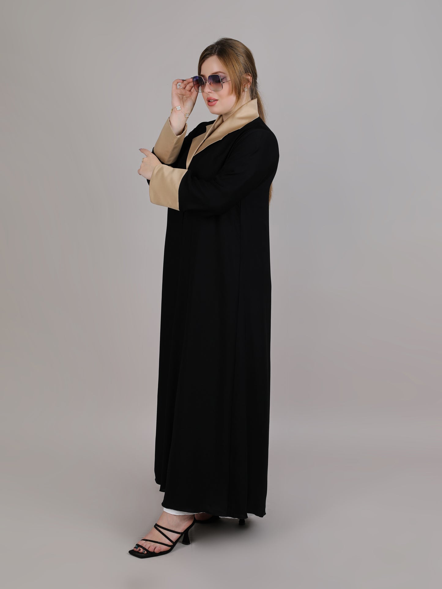 MSquare Fashion Black with Biege lapel Collar Abaya